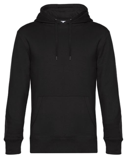 ein schwarzer  Hoodie, Kapuzenpulli ist von vorne dargestellt. Vorne befindet sich auf Bauchhöhe eine Tasche